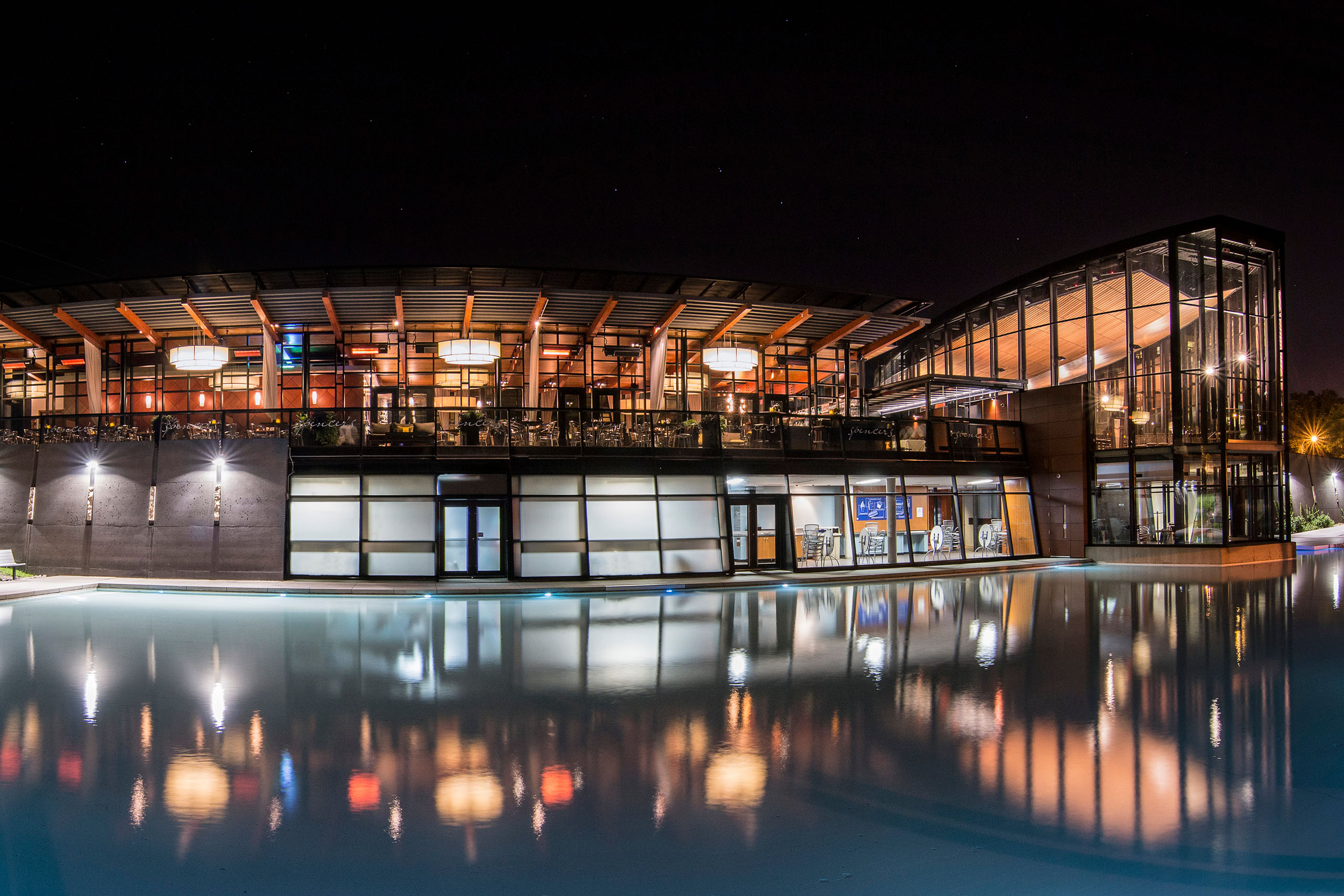 Rear exterior view of Spencer's on the Waterfront in the evening